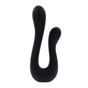 A black dual silicone vibrator with two curved shafts and textured heads.
