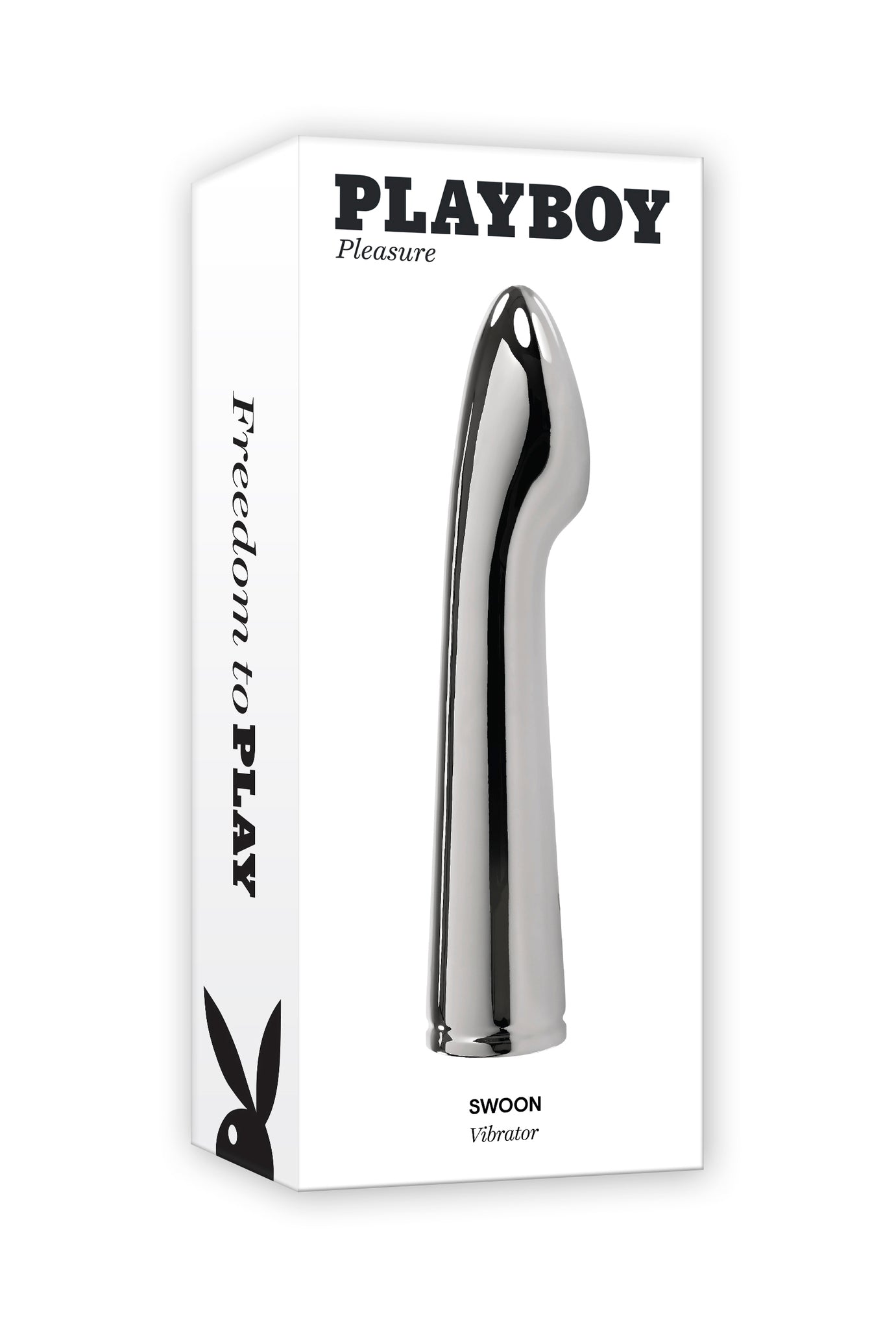 Playboy Swoon metal vibrator on a white background.