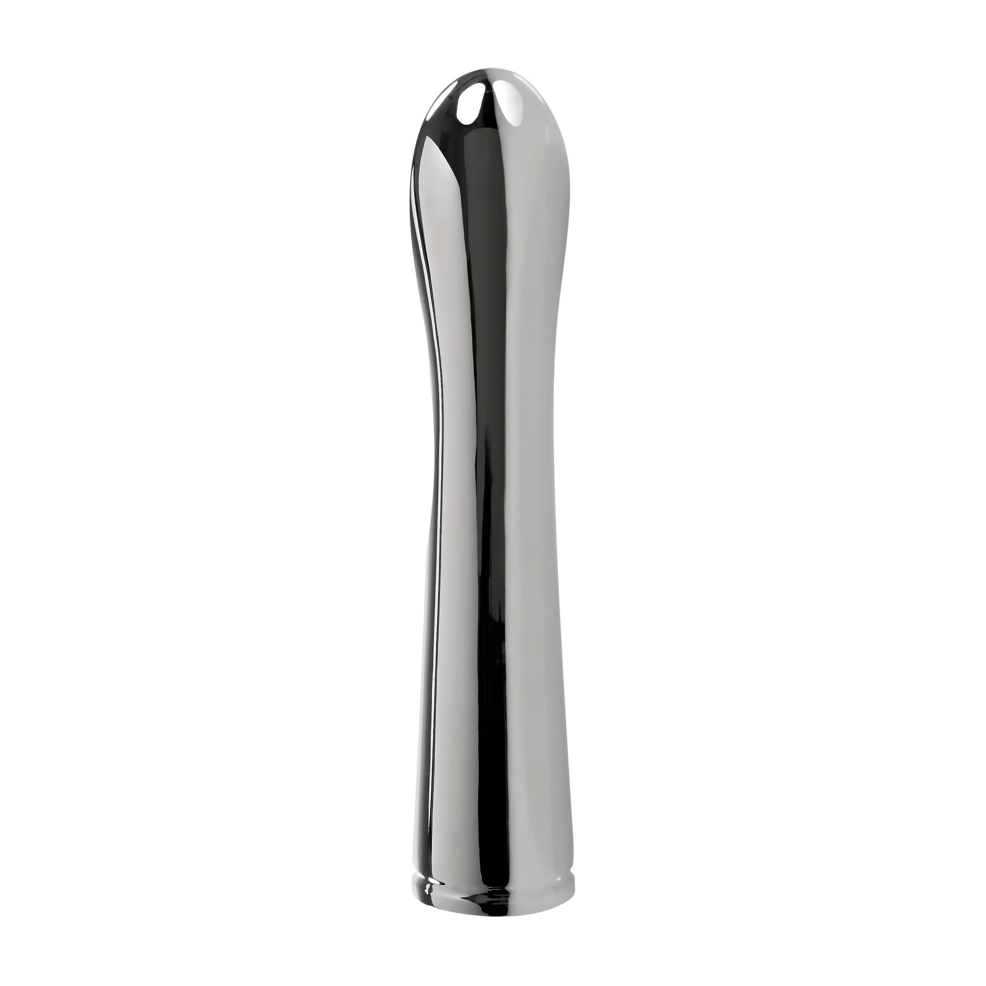 A sleek, silver metal vibrator with a rounded tip and curved shaft.