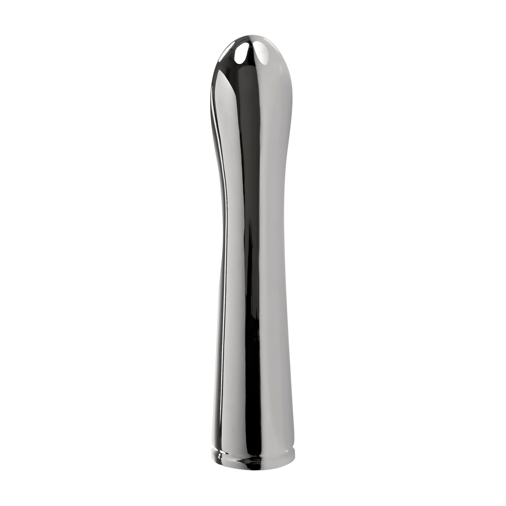 A sleek, silver metal vibrator with a rounded tip and curved shaft.