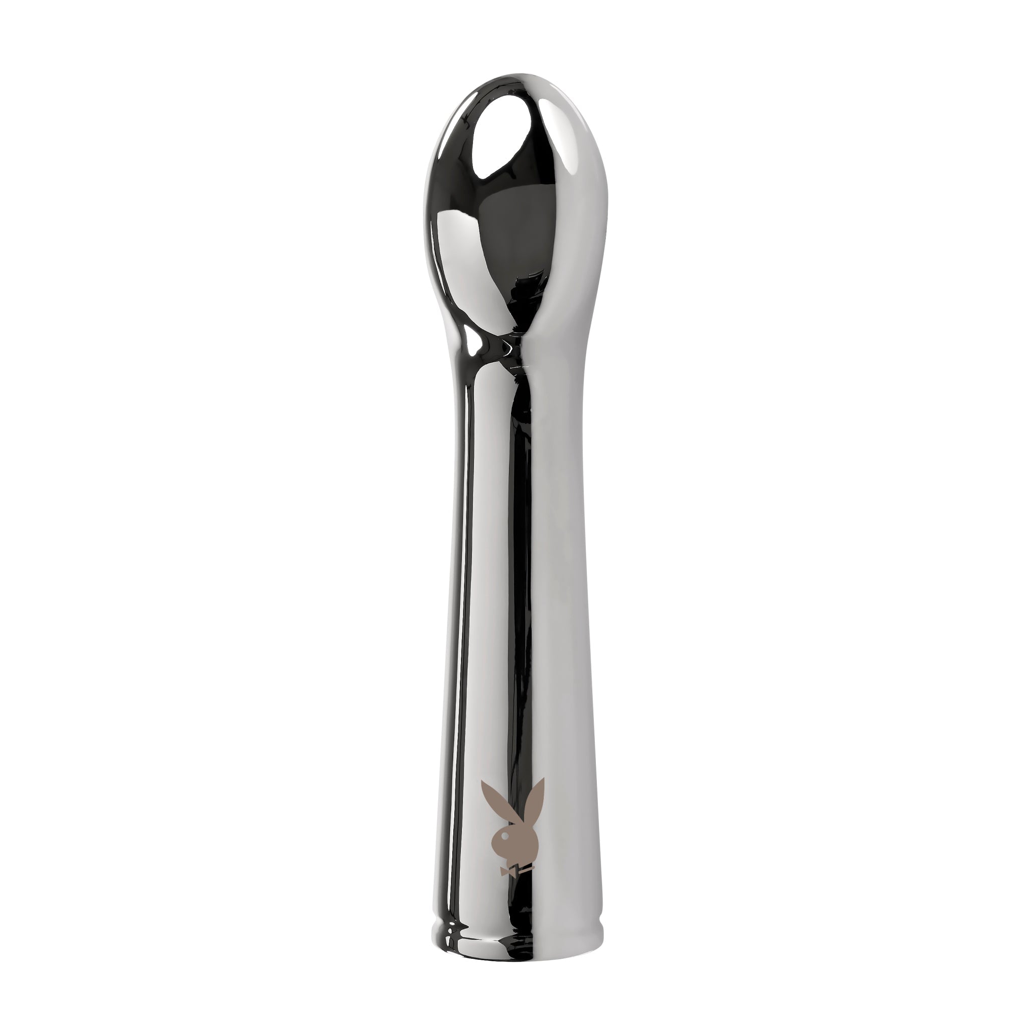 A sleek, silver metal vibrator with a rounded tip and a Playboy bunny logo.