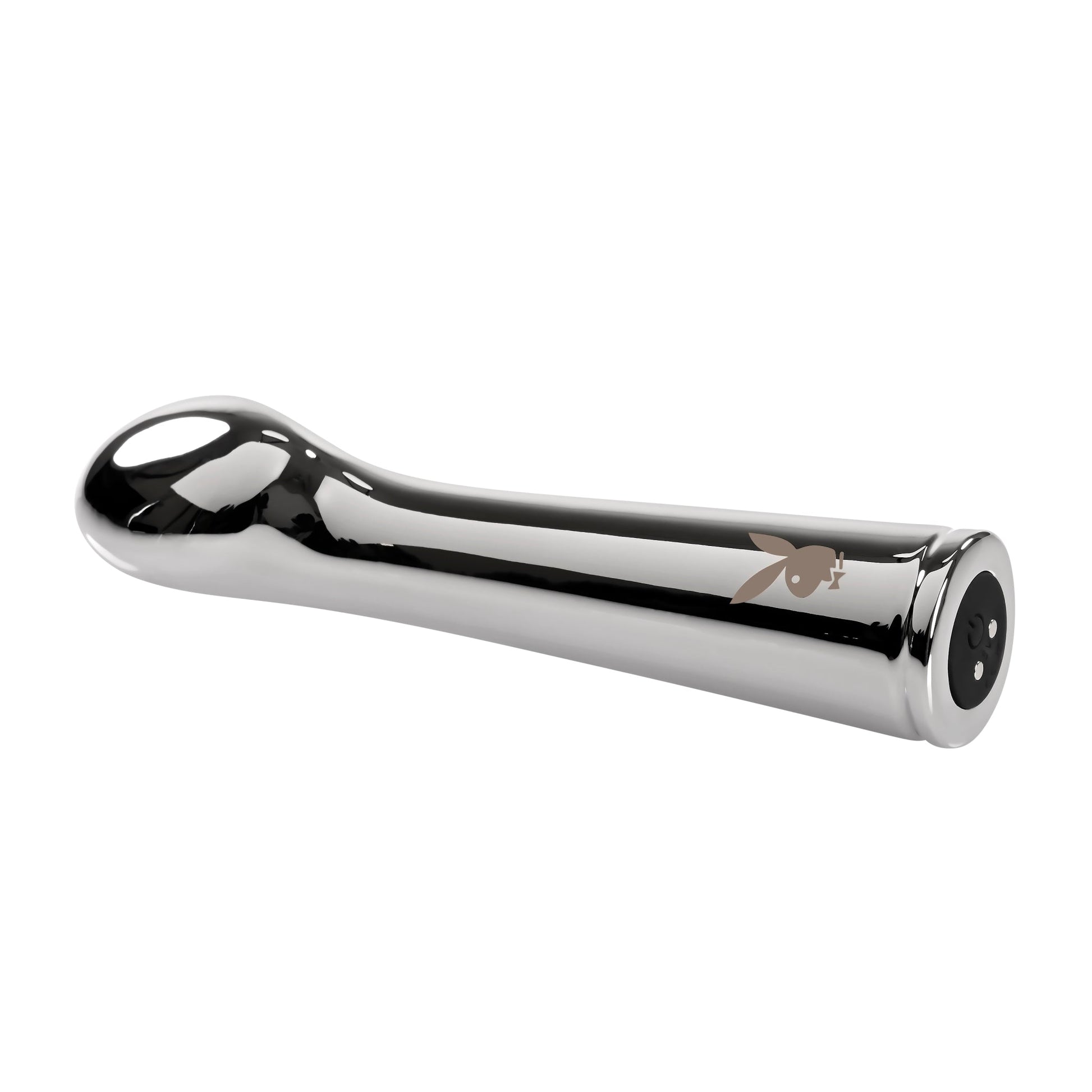 A silver metal vibrator with a Playboy bunny logo and a black charging port.