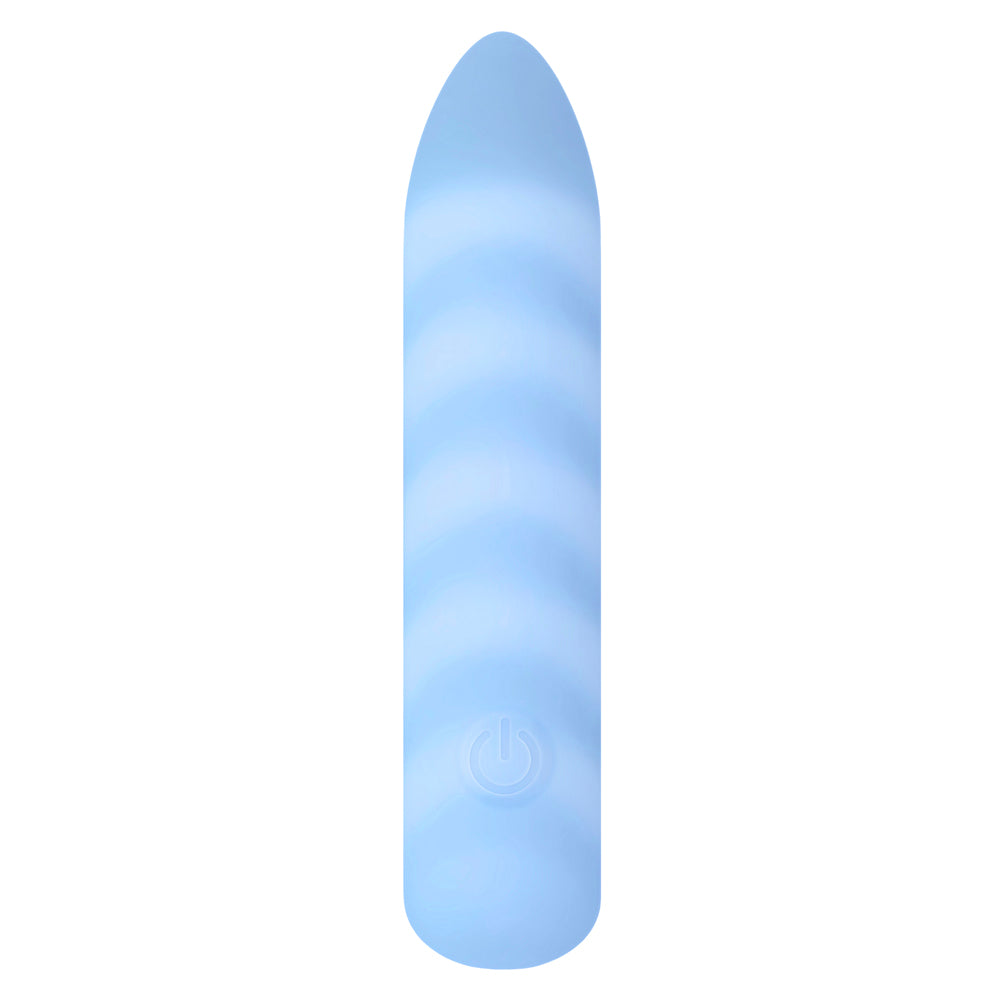 A blue silicone bullet vibrator with a power button.