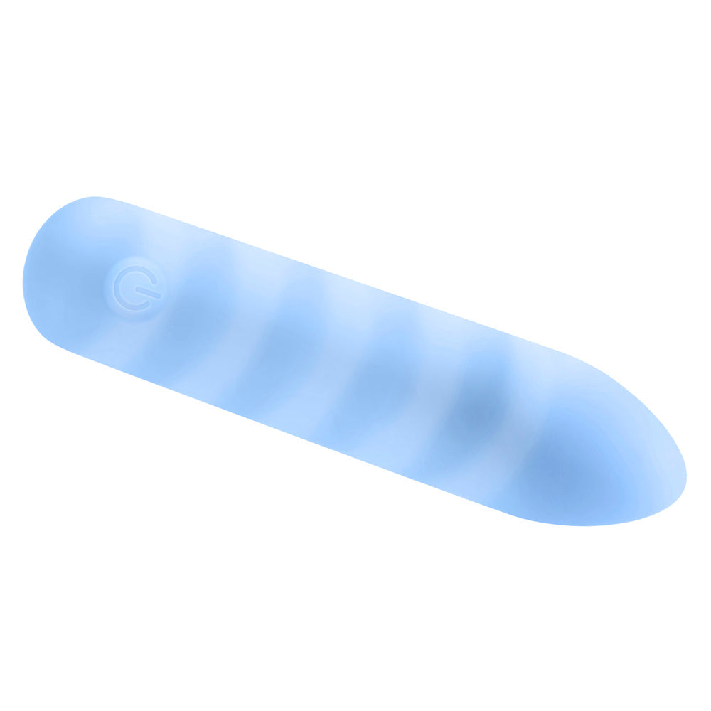 A blue silicone bullet vibrator with ribbed texture and a power symbol.