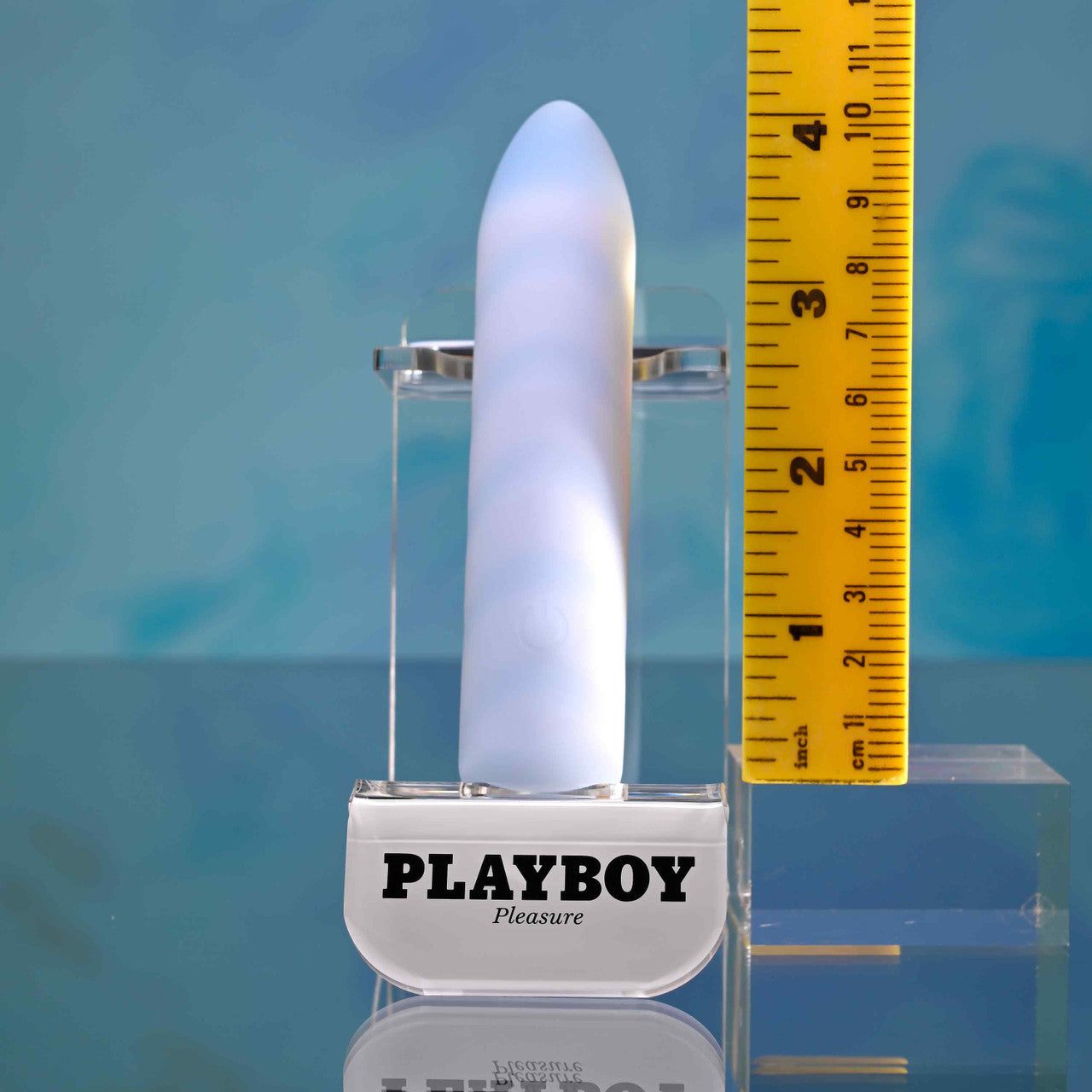 Playboy Unicorn Vibes rechargeable silicone bullet vibrator in powder blue.