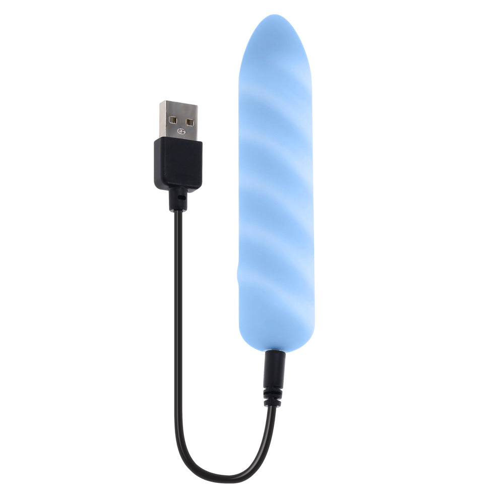 A blue silicone bullet vibrator with a USB charging cable.