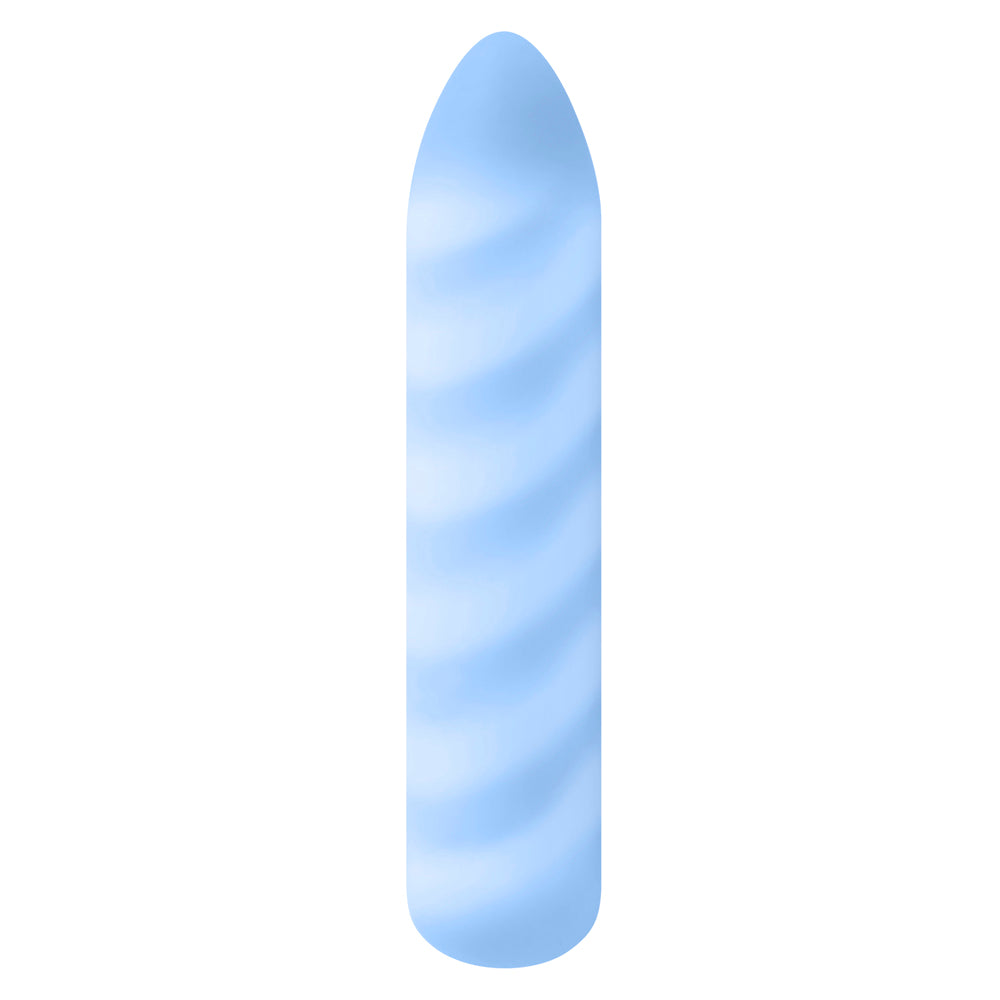 A powder blue silicone bullet vibrator with frosted white swirls, resembling a unicorn horn.