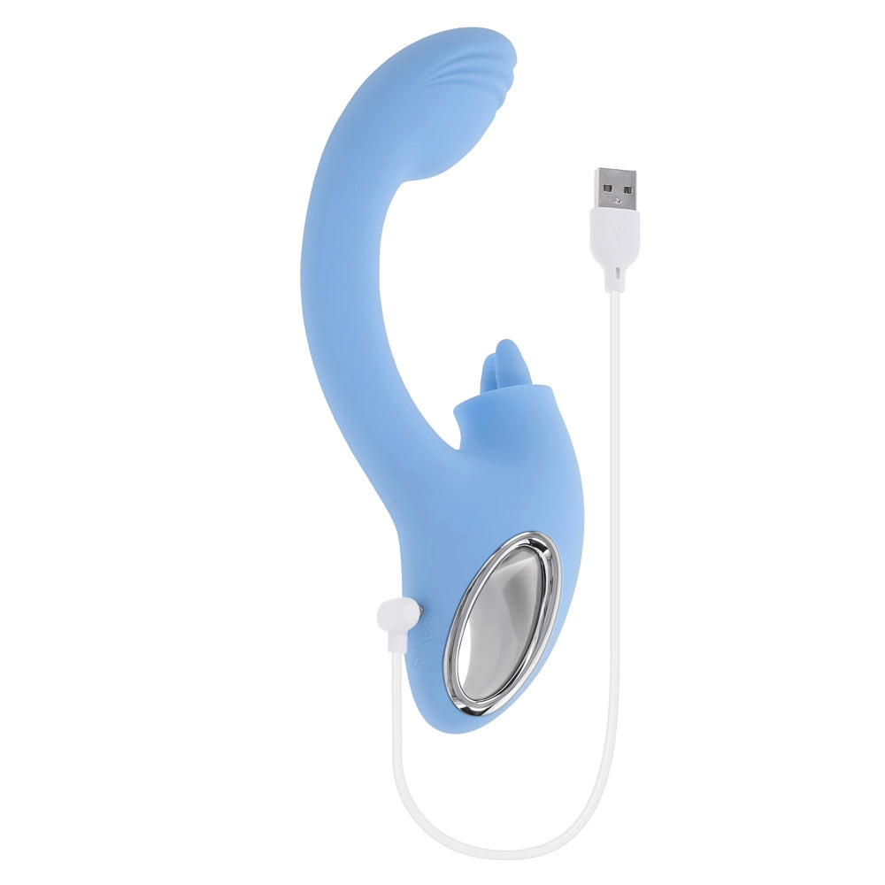 A blue dual G-spot and clitoral vibrator with a USB charging cable.