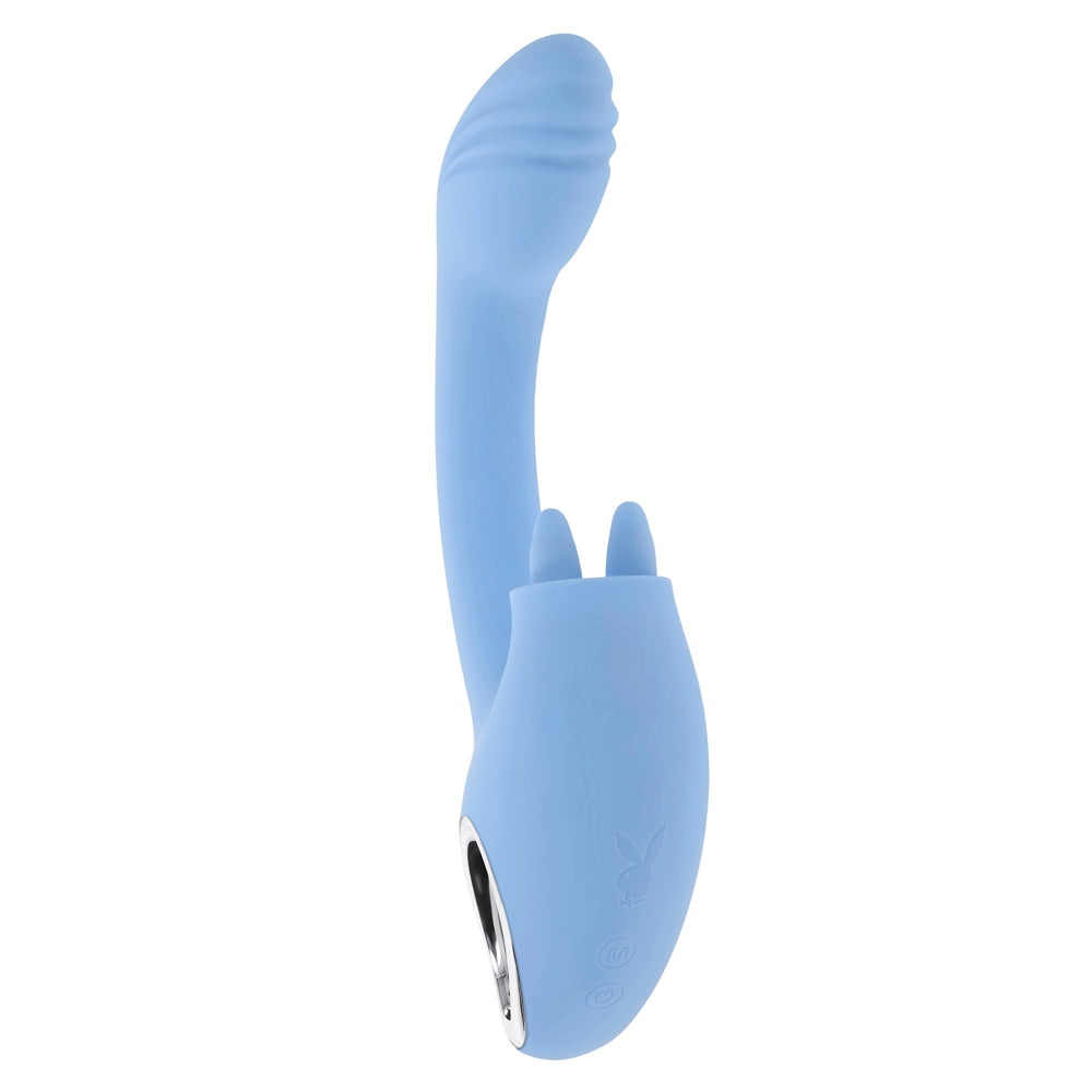 A blue dual vibrator with a curved shaft and two small protrusions.