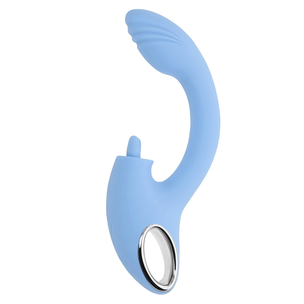 A light blue dual vibrator with a curved shaft and a silver ring accent.