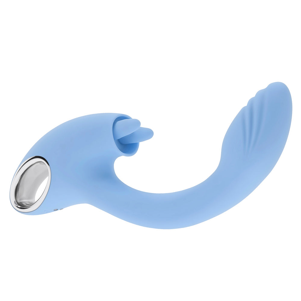 A light blue dual vibrator with a curved shaft and textured tip.