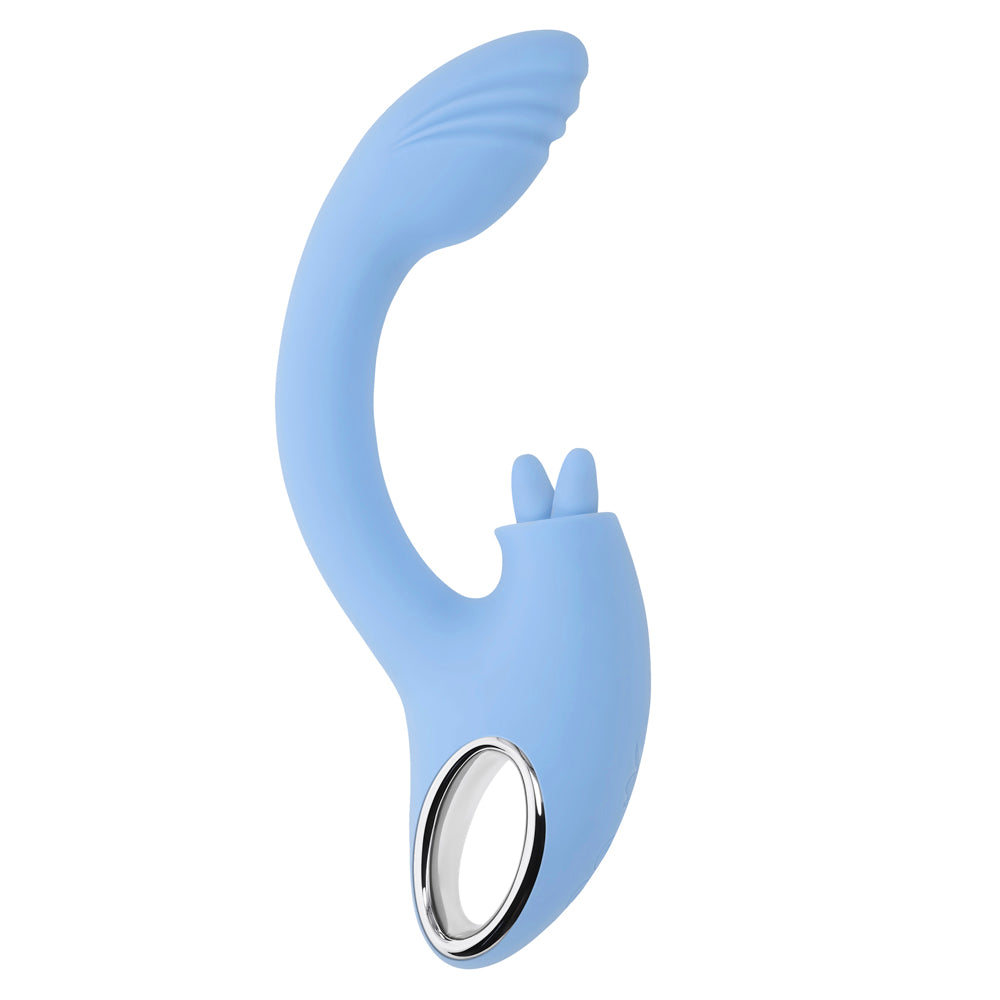 A blue dual vibrator with a curved shaft and two small protrusions.