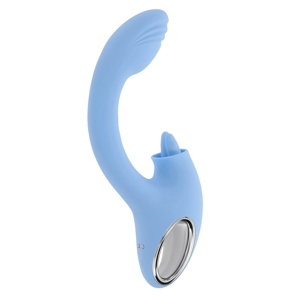 A light blue dual vibrator with a curved shaft and textured head.