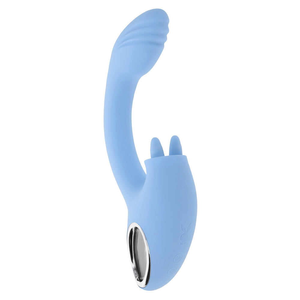A light blue dual vibrator with a curved shaft and two small nubs.