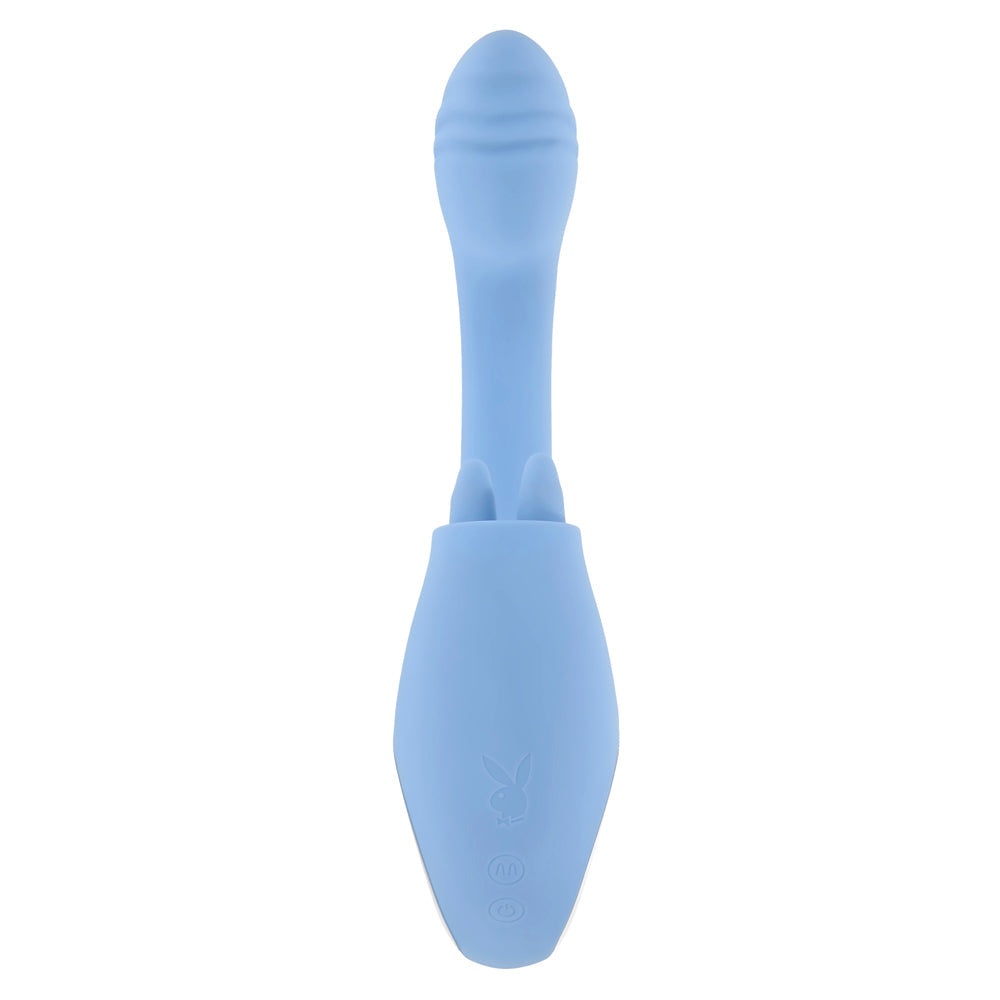 A light blue dual vibrator with a Playboy bunny logo.