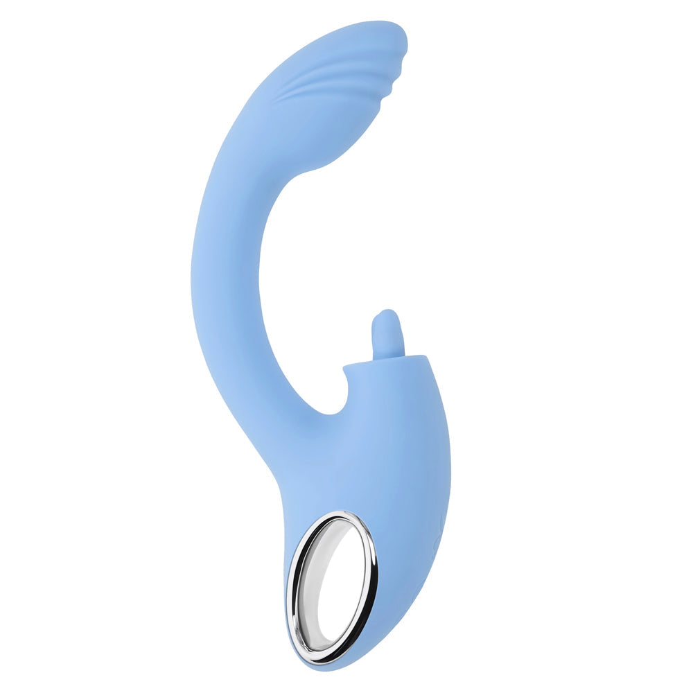 A light blue dual vibrator with a curved shaft and a silver ring accent.