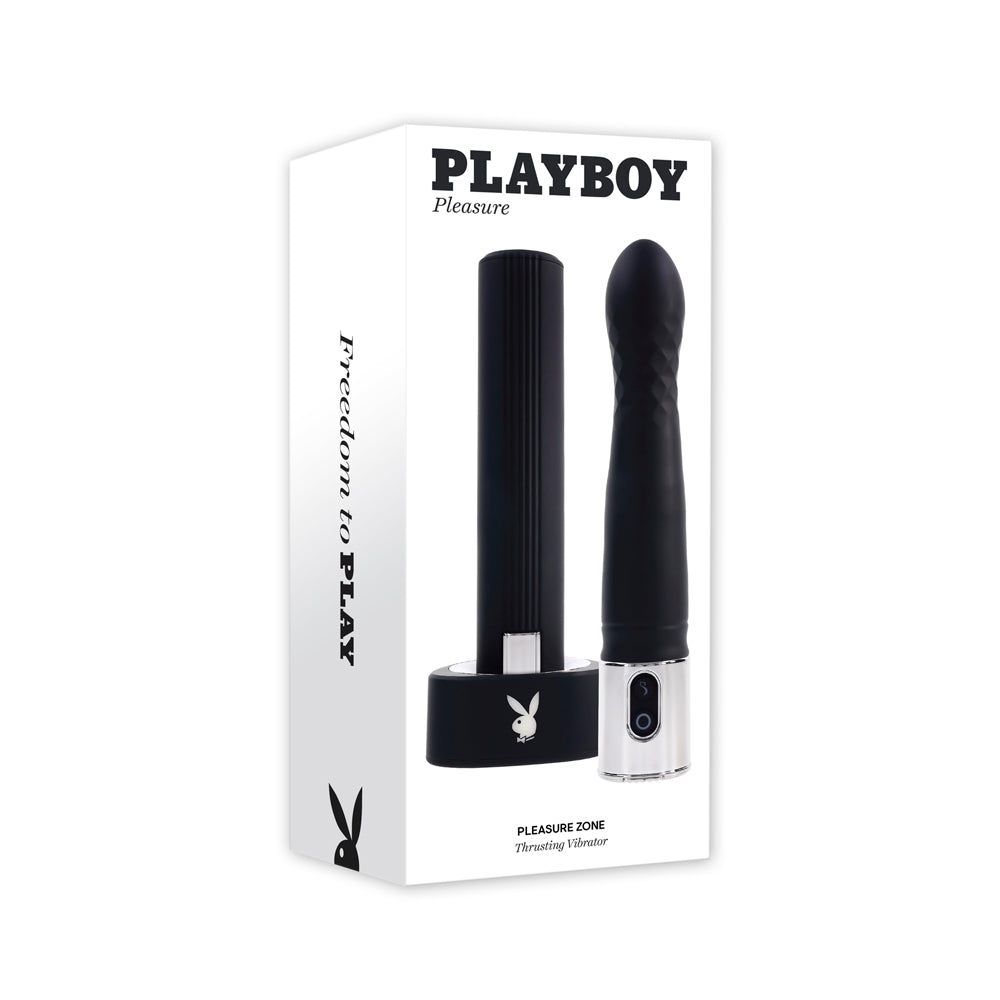 Playboy Pleasure Zone thrusting vibrator with charging case.