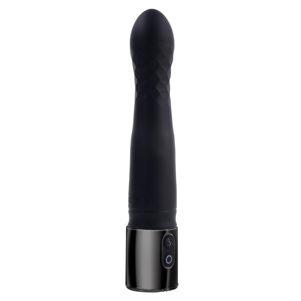 Black silicone thrusting vibrator with textured shaft and charging base.