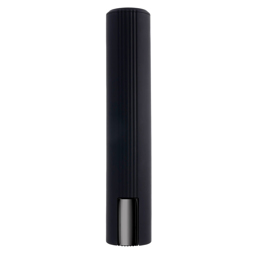 Black ribbed silicone vibrator with a metallic charging port.