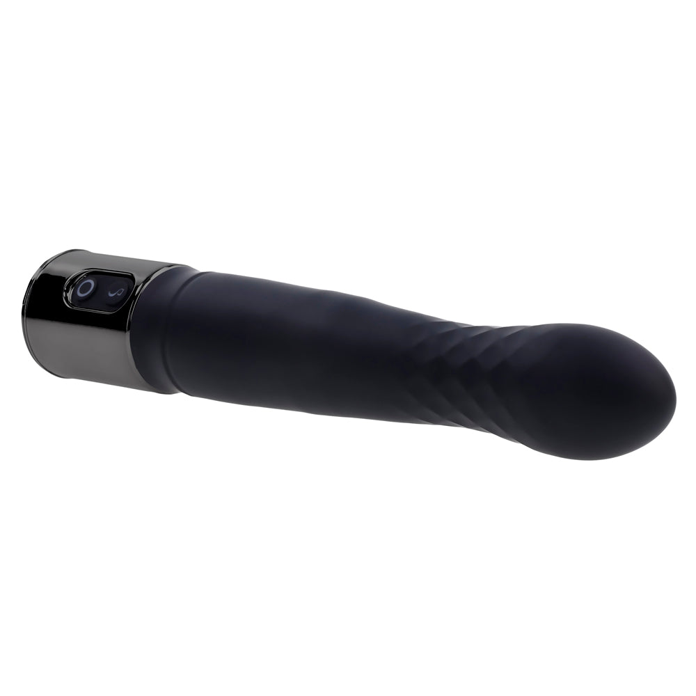 Black silicone vibrator with textured tip and control buttons.