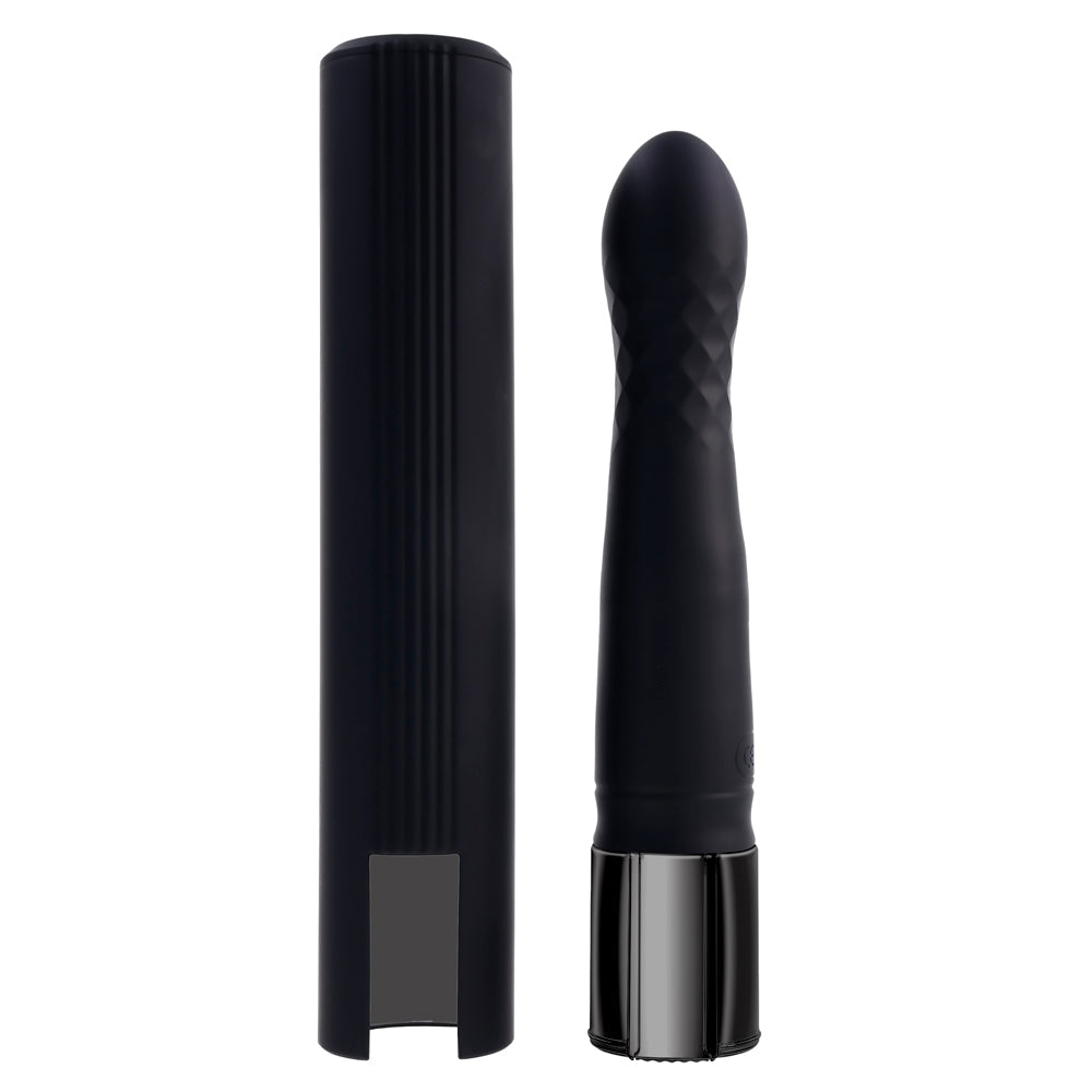 Black silicone vibrator with textured head and charging case.
