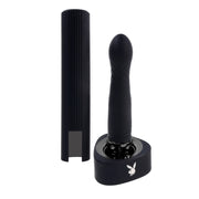 Black silicone vibrator with charging case and Playboy logo.
