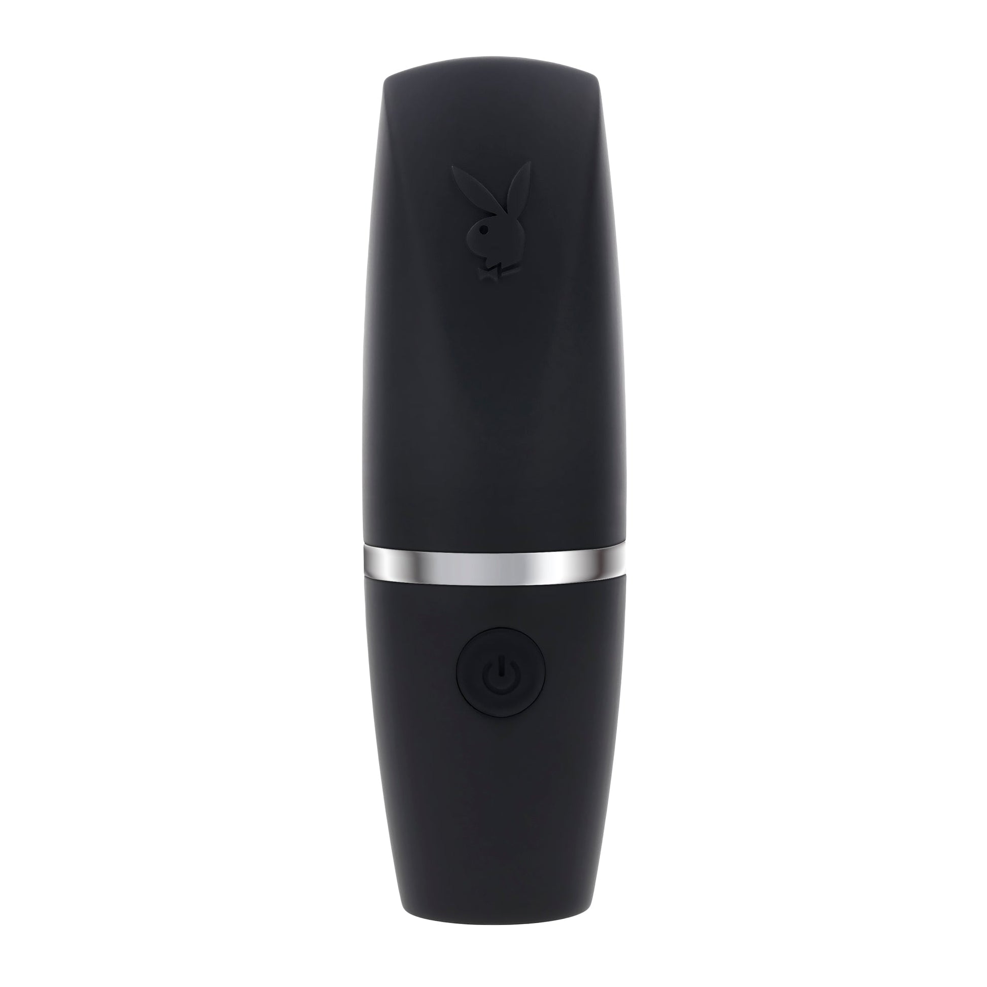 Black silicone suction vibrator with Playboy bunny logo and power button.