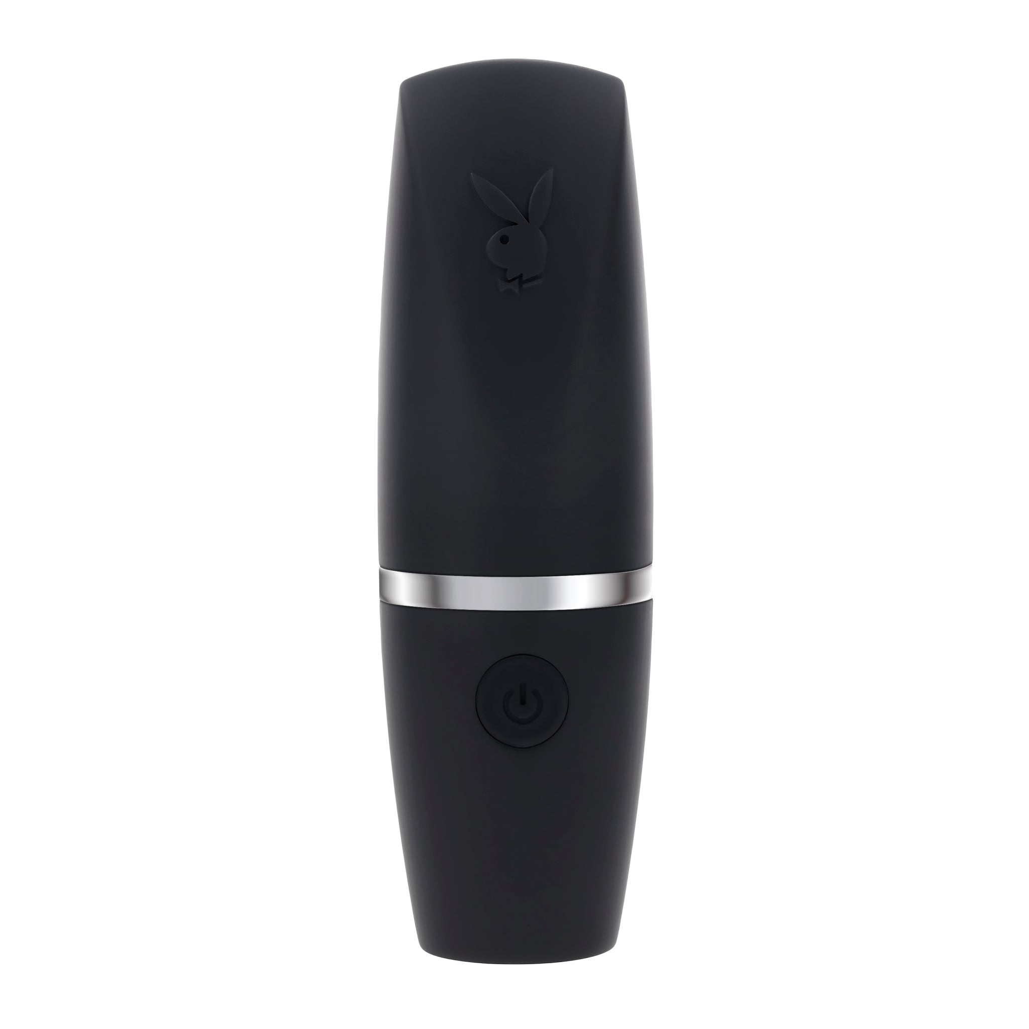 Black silicone suction vibrator with Playboy bunny logo and power button.
