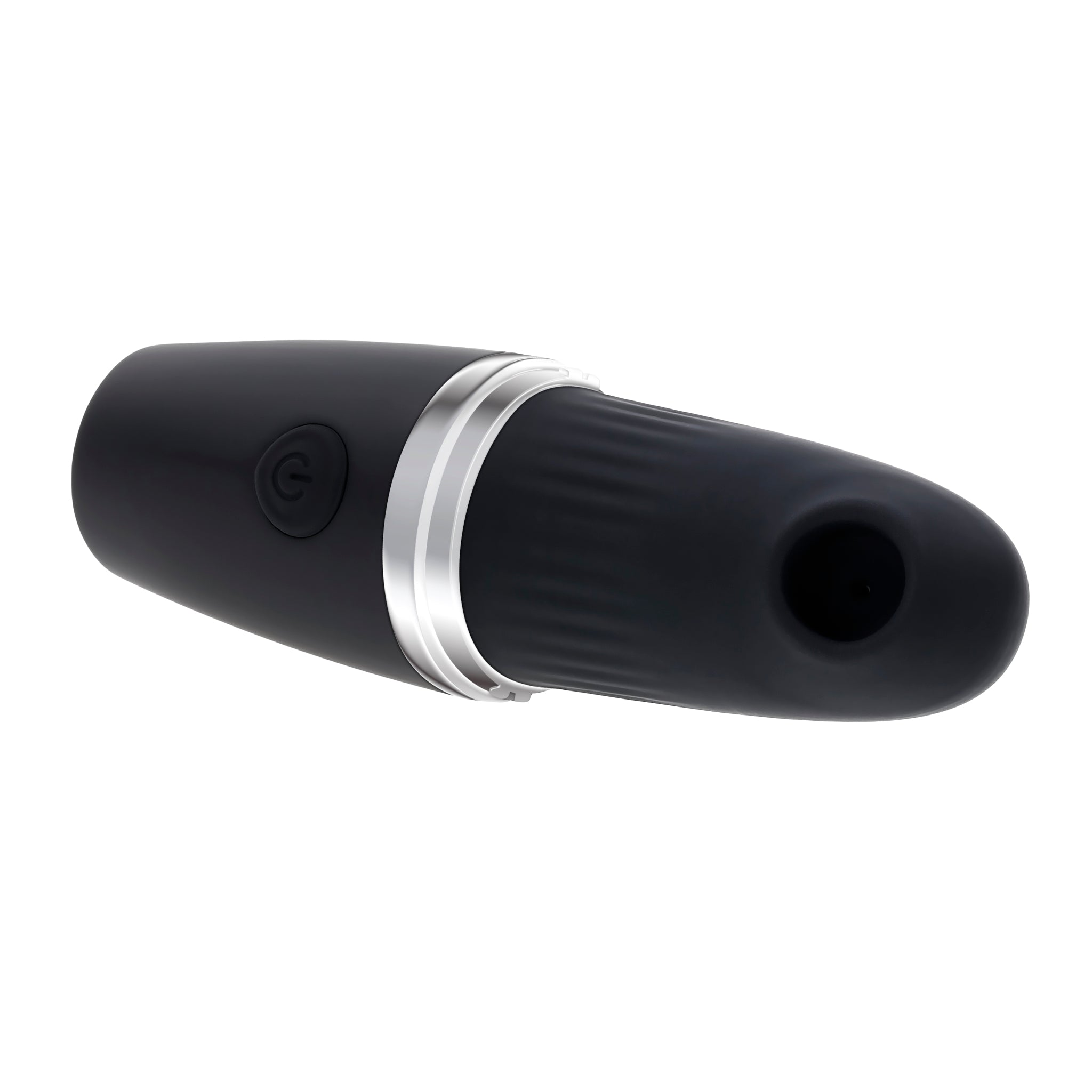 Black Playboy Excursion suction vibrator with a power button and silver ring.