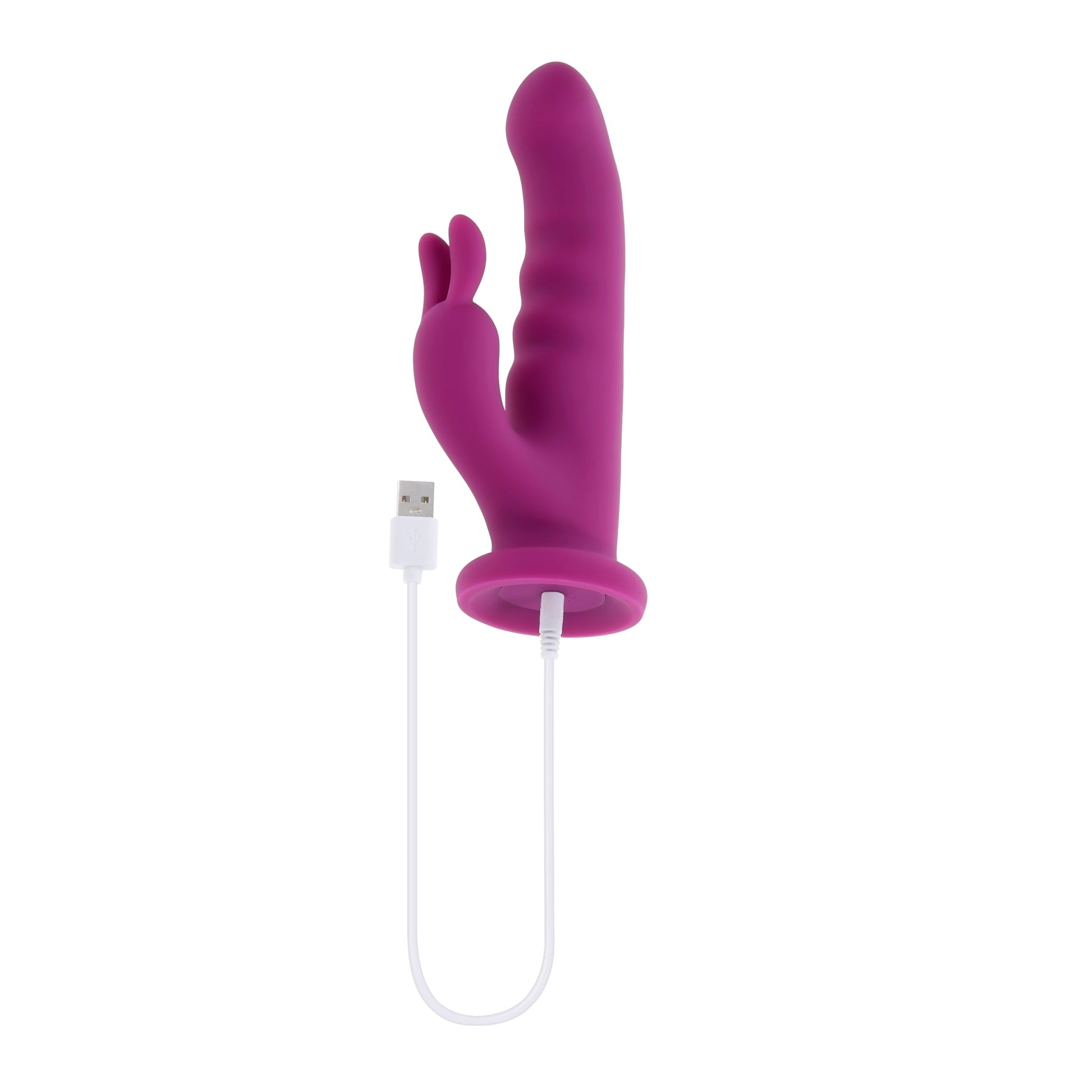 A purple rabbit vibrator with a USB charging cable.