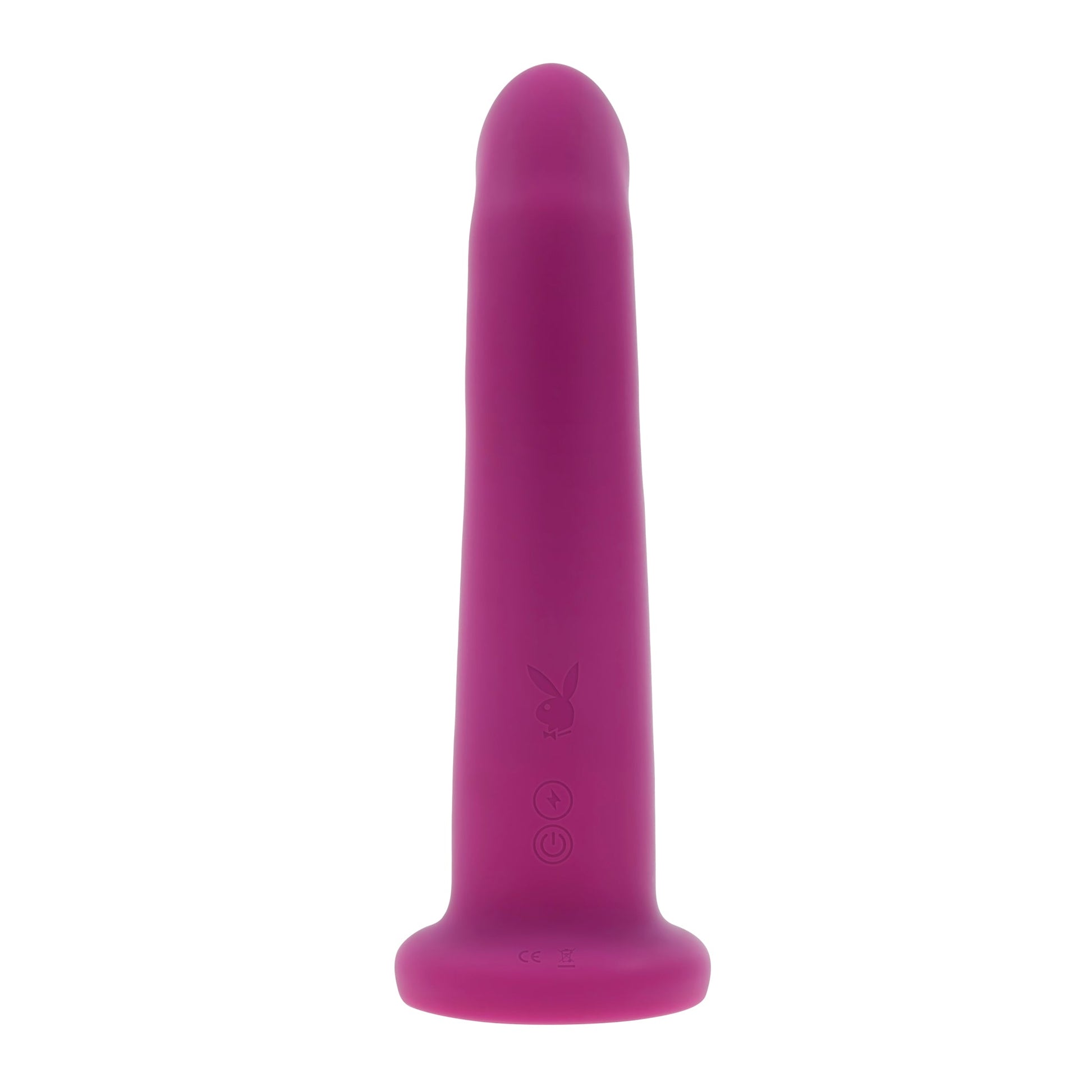 A purple silicone vibrator with a flared base and a Playboy bunny logo.