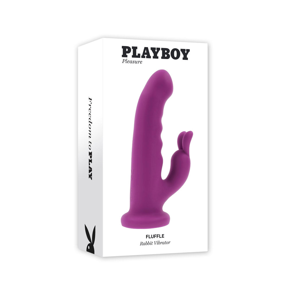 Purple Playboy Fluffle rabbit vibrator with twirling shaft and bunny ears in white box.