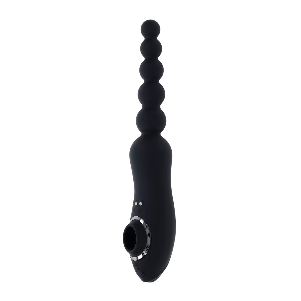 Black vibrating anal beads with a clitoral suction end.