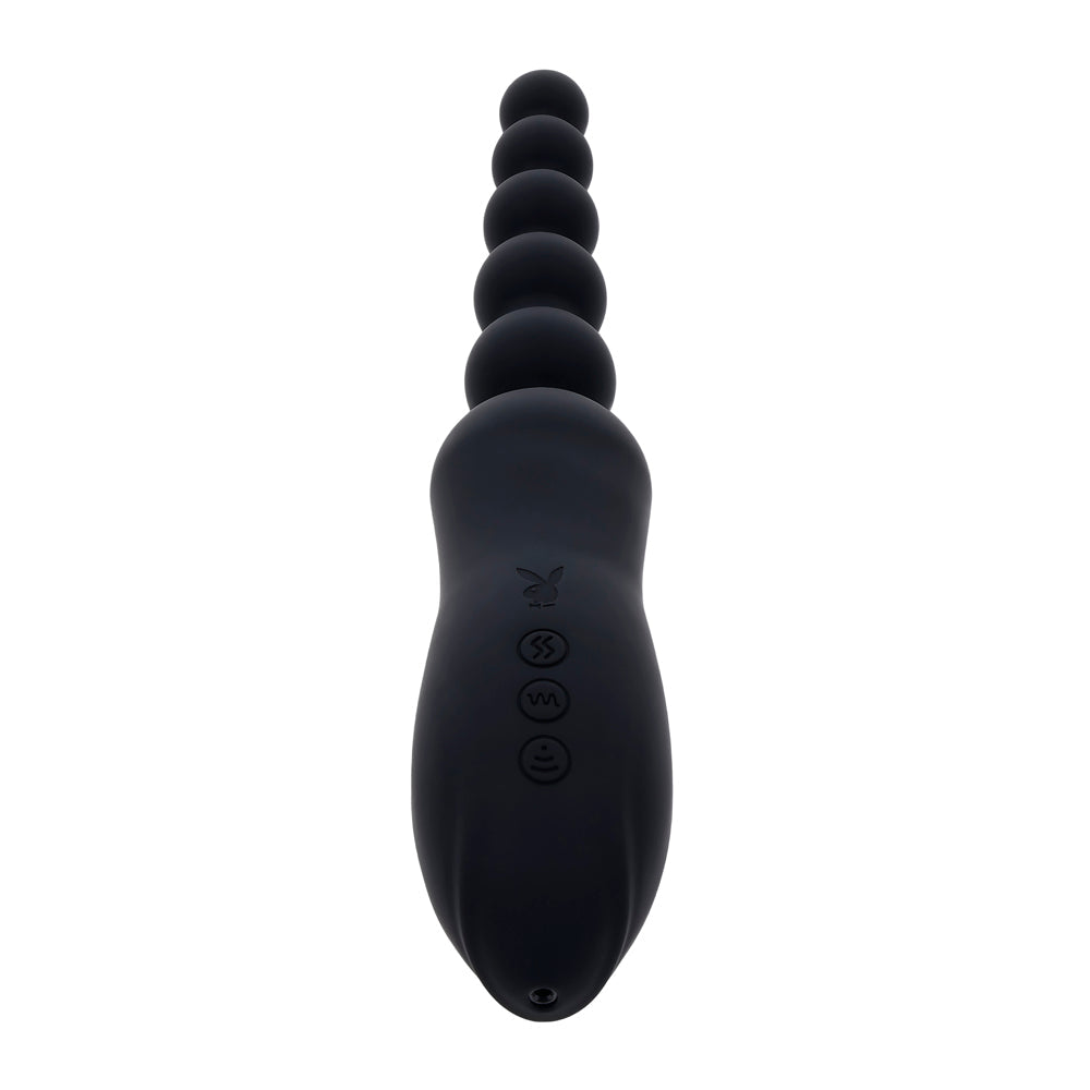 Black vibrating anal beads with a clitoral suction end and Playboy logo.
