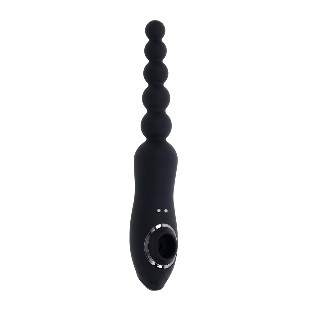 Black vibrating anal beads with a clitoral suction end.
