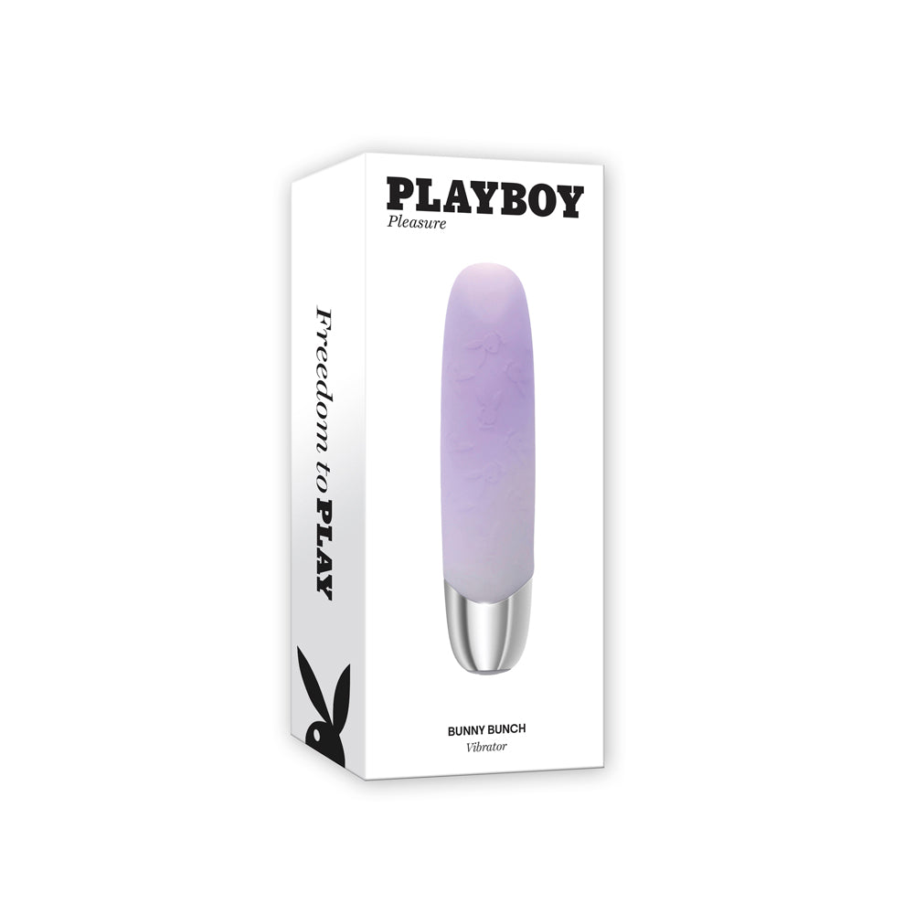 A purple Playboy Bunny Bunch vibrator with a silver base on its packaging.