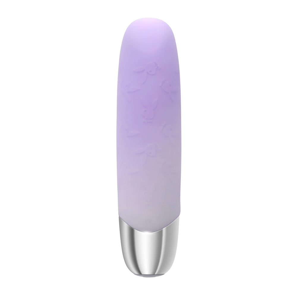 Purple silicone vibrator with Playboy bunny pattern and silver base.