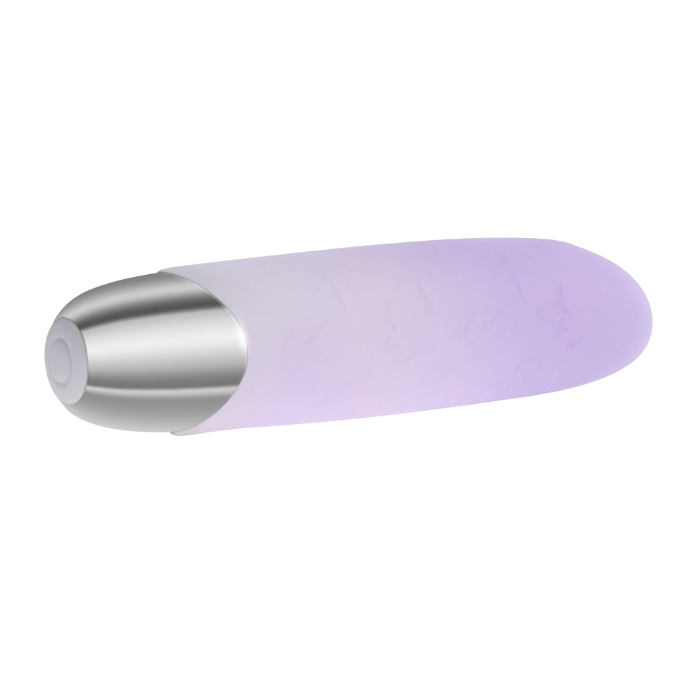 A silver-tipped, purple silicone bullet vibrator with a Playboy bunny motif.