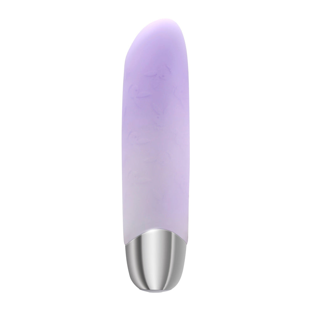 A purple silicone bullet vibrator with a silver base and embossed bunny pattern.