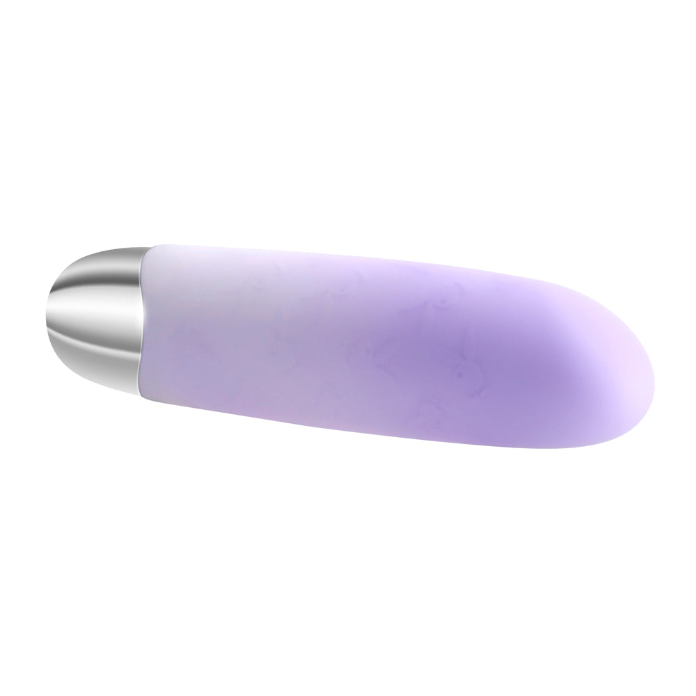 A purple silicone bullet vibrator with a silver tip.