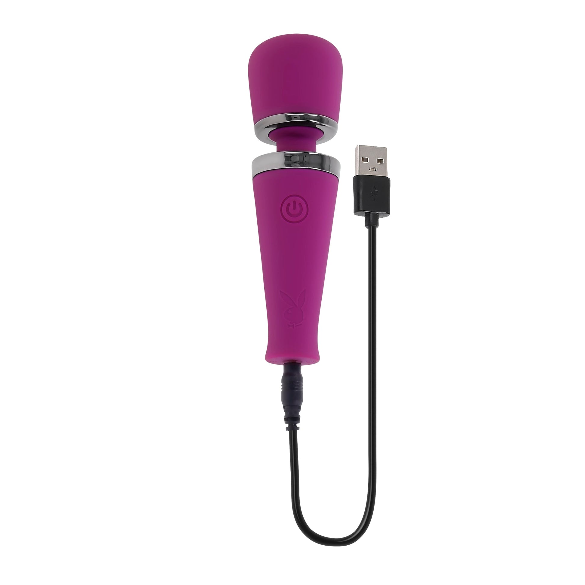 Purple silicone wand vibrator with USB charging cable and Playboy logo.