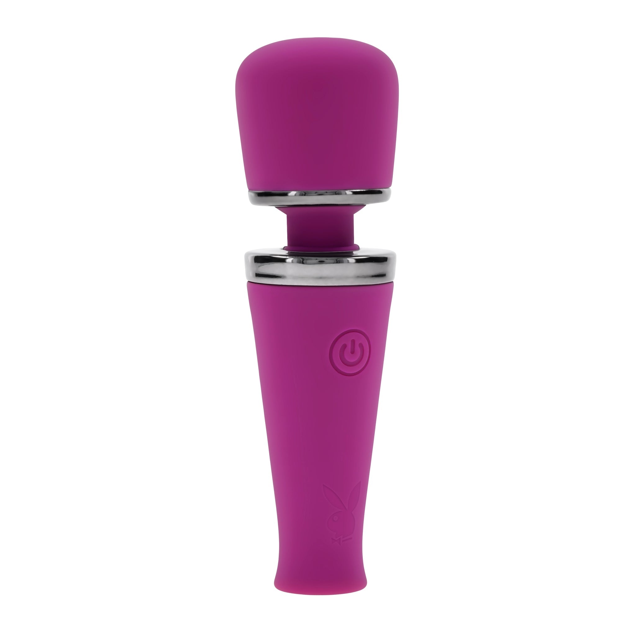 A purple silicone wand vibrator with a power button and Playboy logo.
