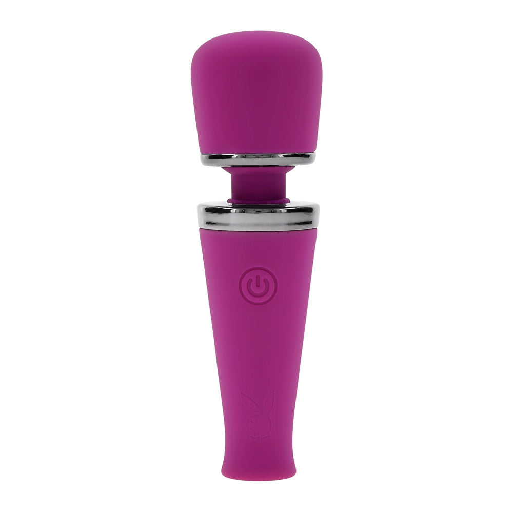 Purple silicone wand vibrator with a power button and Playboy logo.