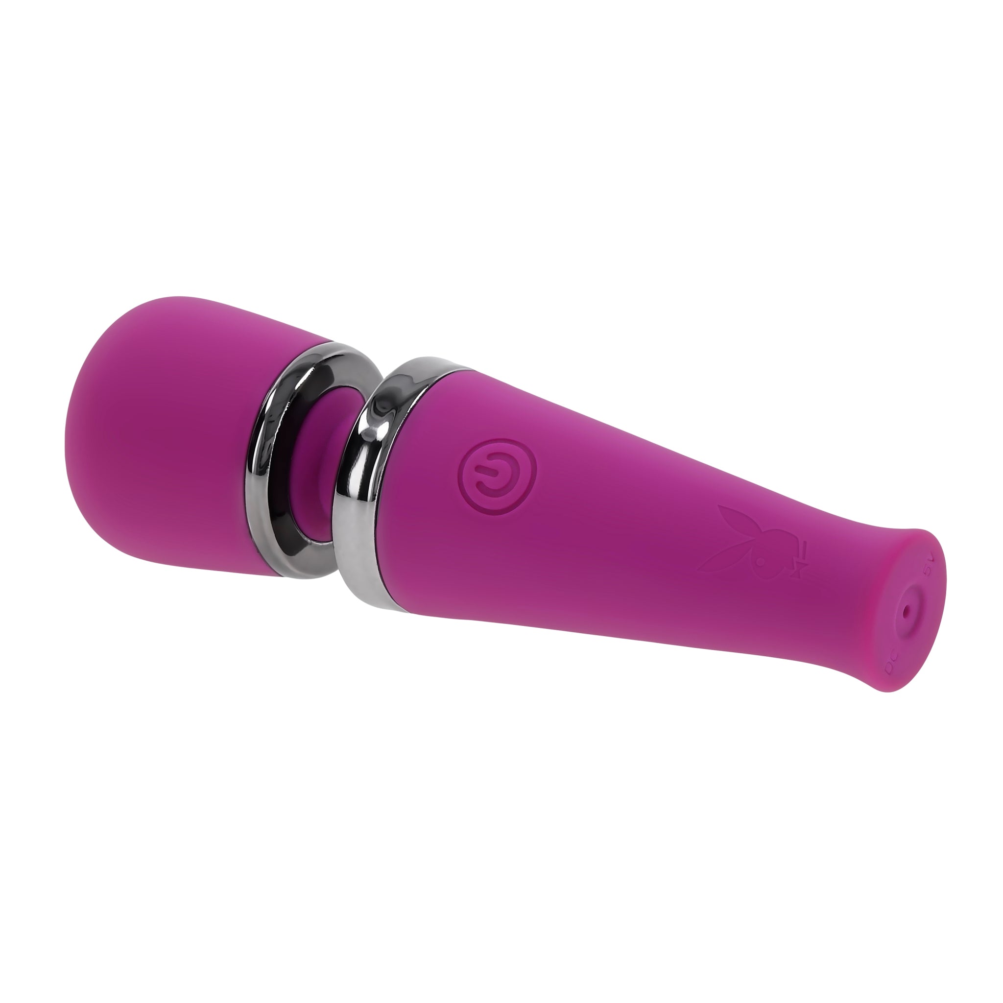 A pink silicone wand vibrator with a power button and Playboy logo.