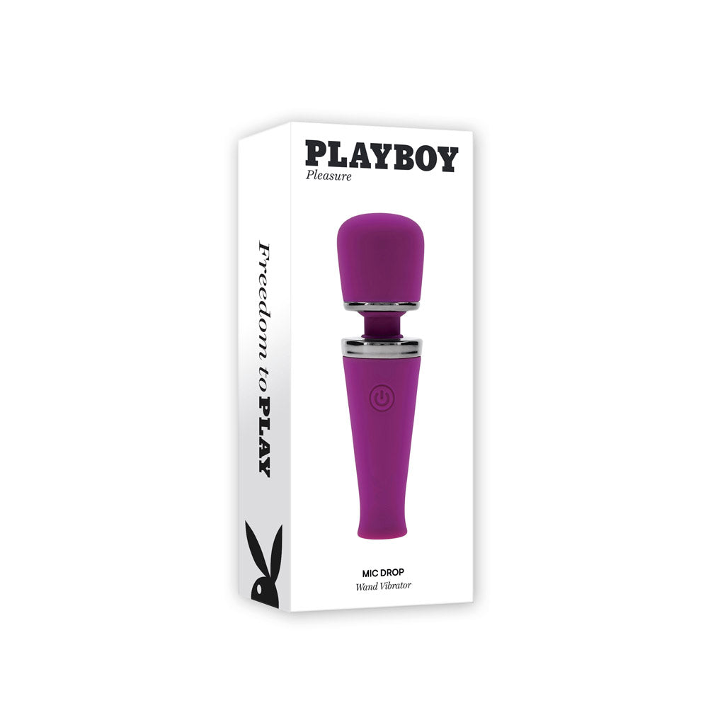 Playboy Mic Drop wand vibrator in purple with a USB charging cable.