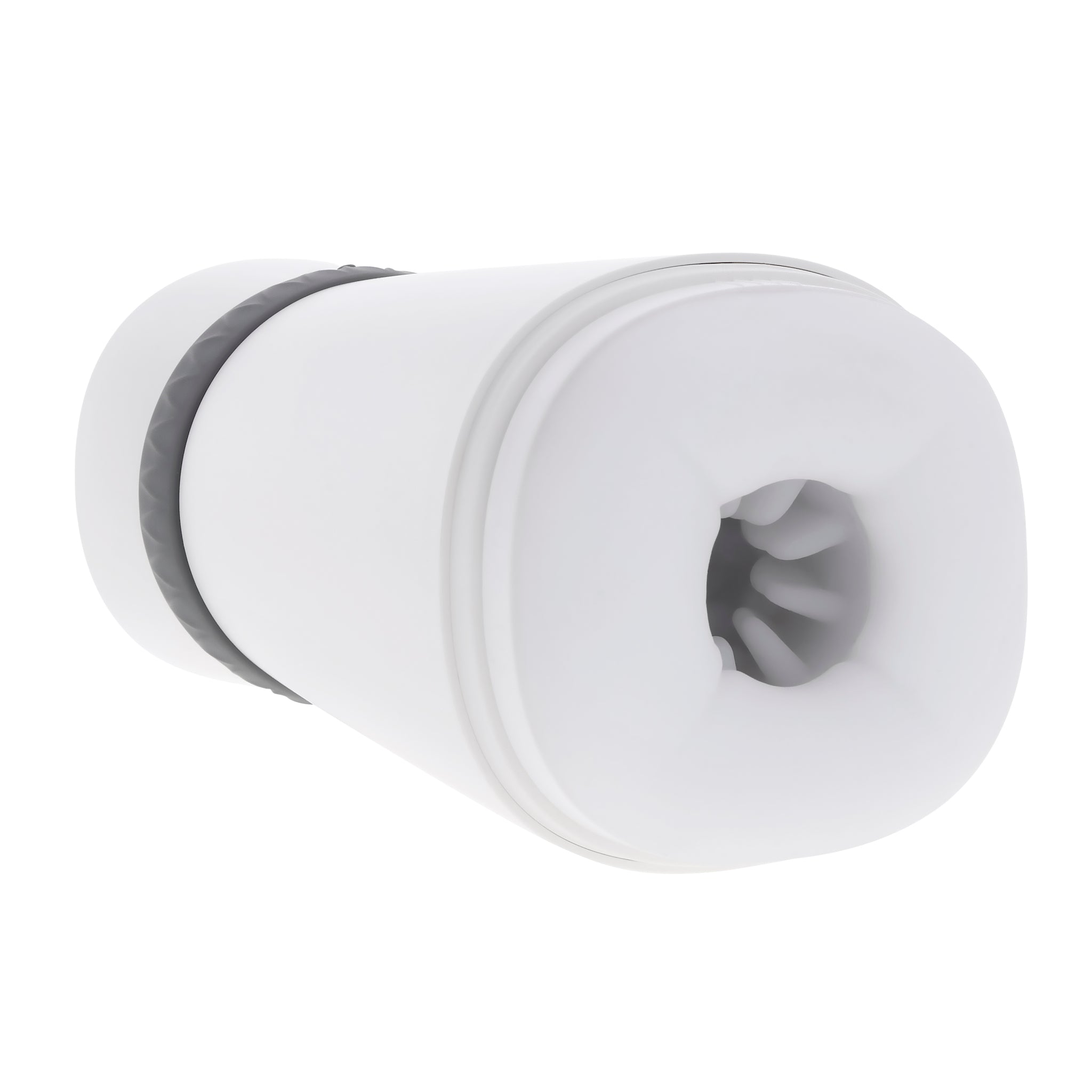 White vibrating stroker with a grey textured band and ribbed interior.