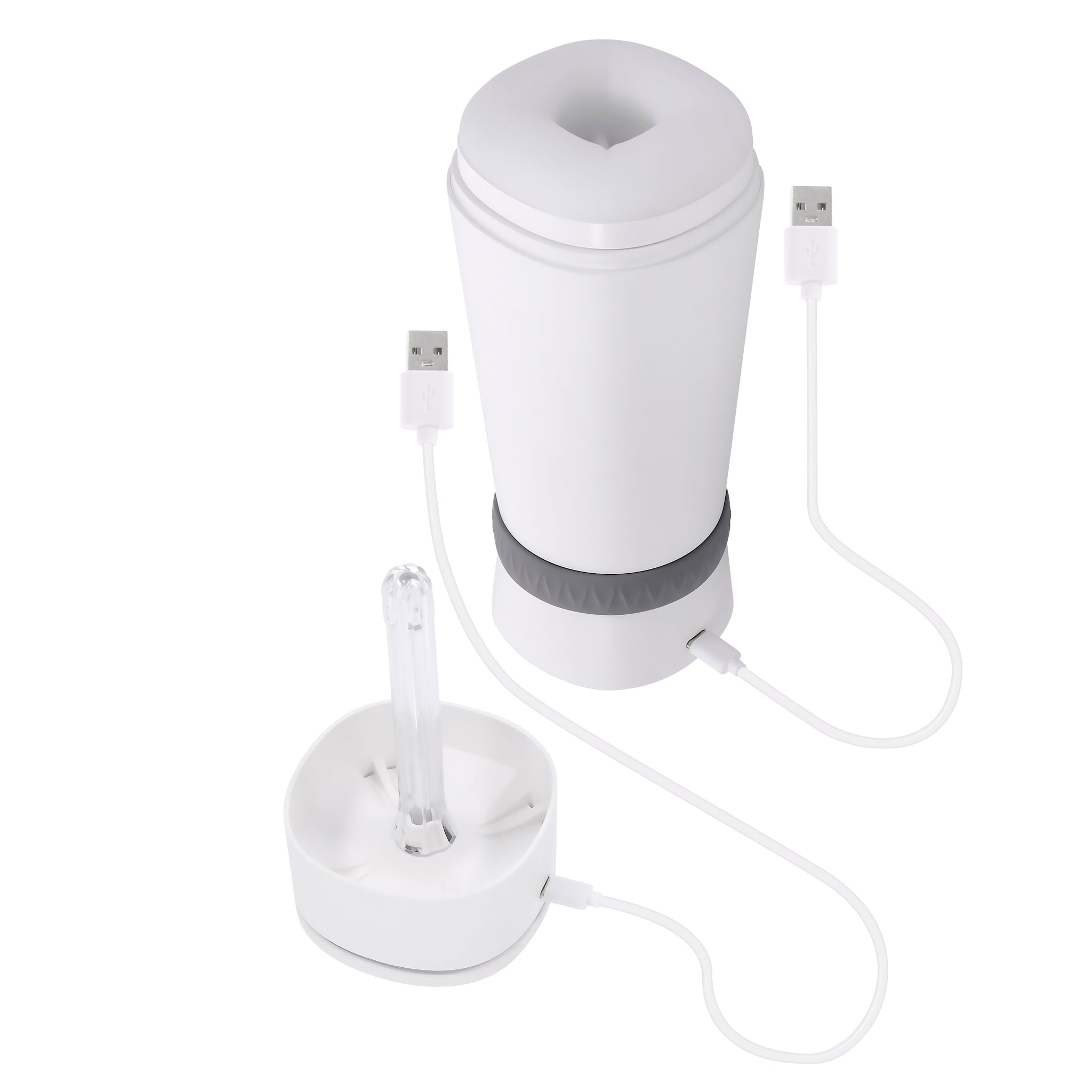 White heating vibrating stroker with UV cleaner and USB cables.