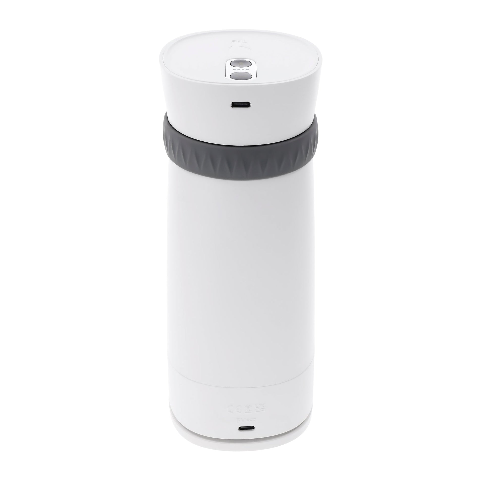 White and gray vibrating stroker with UV cleaner and USB charging port.