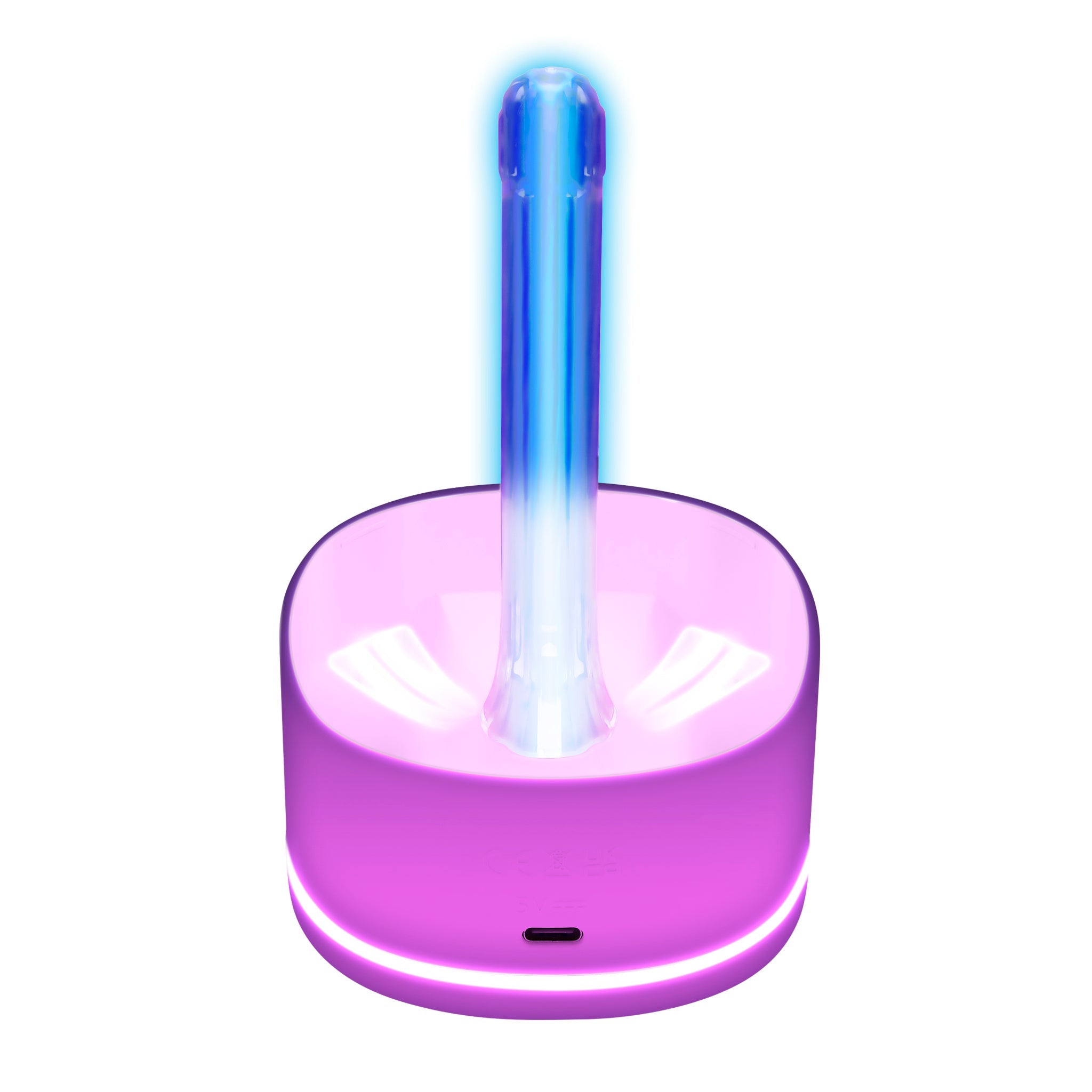 A pink vibrating stroker with a blue UV light cleaner.