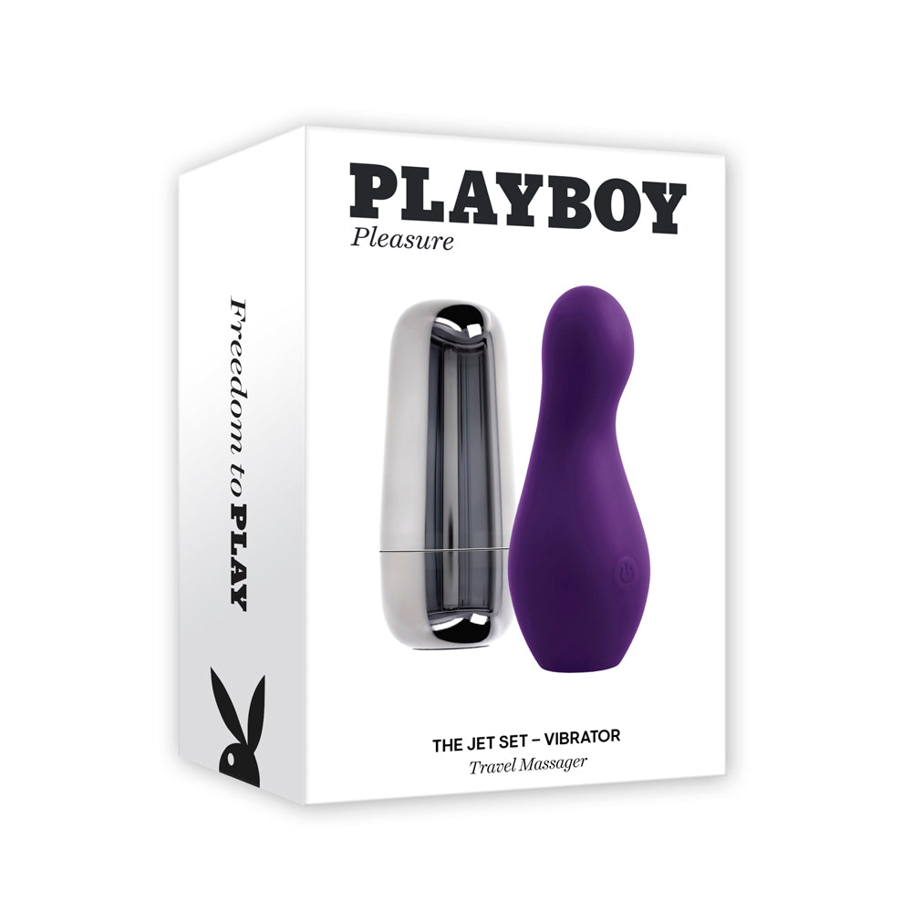 Playboy travel vibrator set with a purple silicone vibrator and silver case.